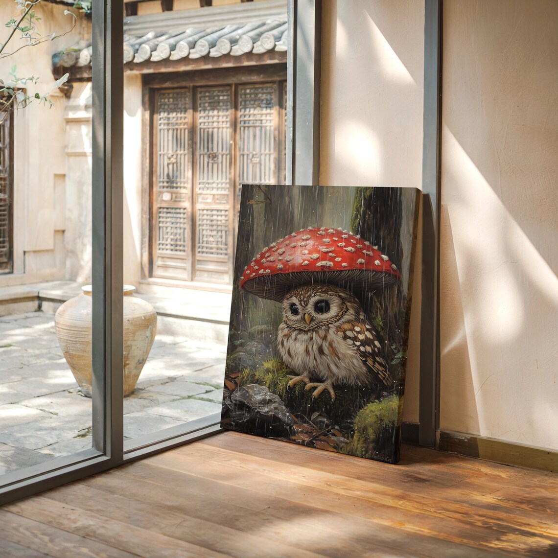 Adorable Owl Under Red Mushroom Rainy Forest Shelter Scene Poster - Image 5