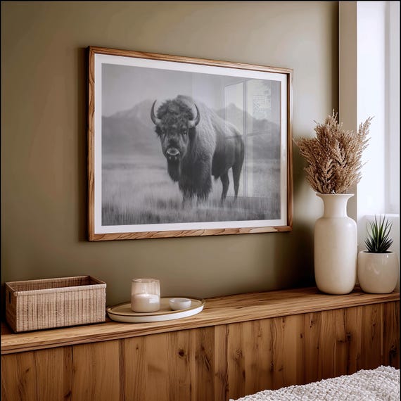 Black And White Bison Art Print, Mountain Plains