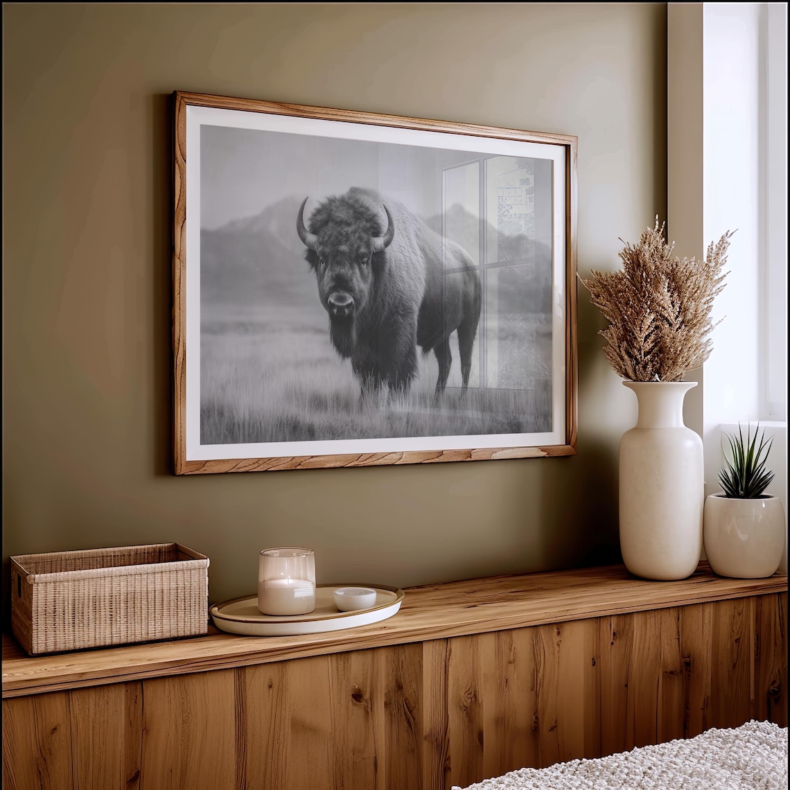 Black And White Bison Art Print, Mountain Plains