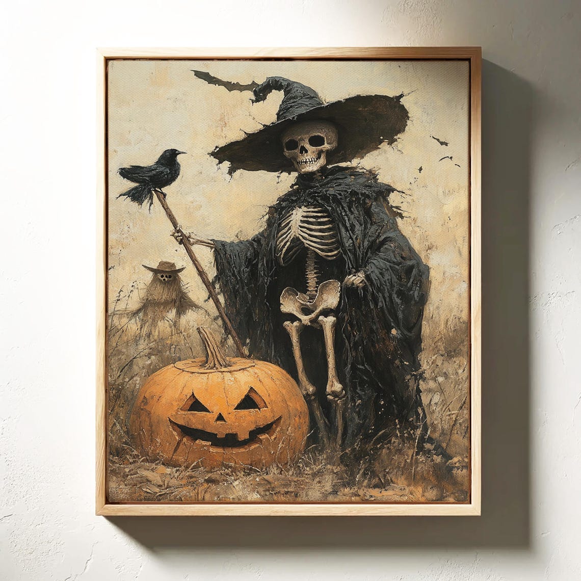 Skeleton Witch Crow Pumpkin Rustic Halloween Oil Painting Poster - Image 3