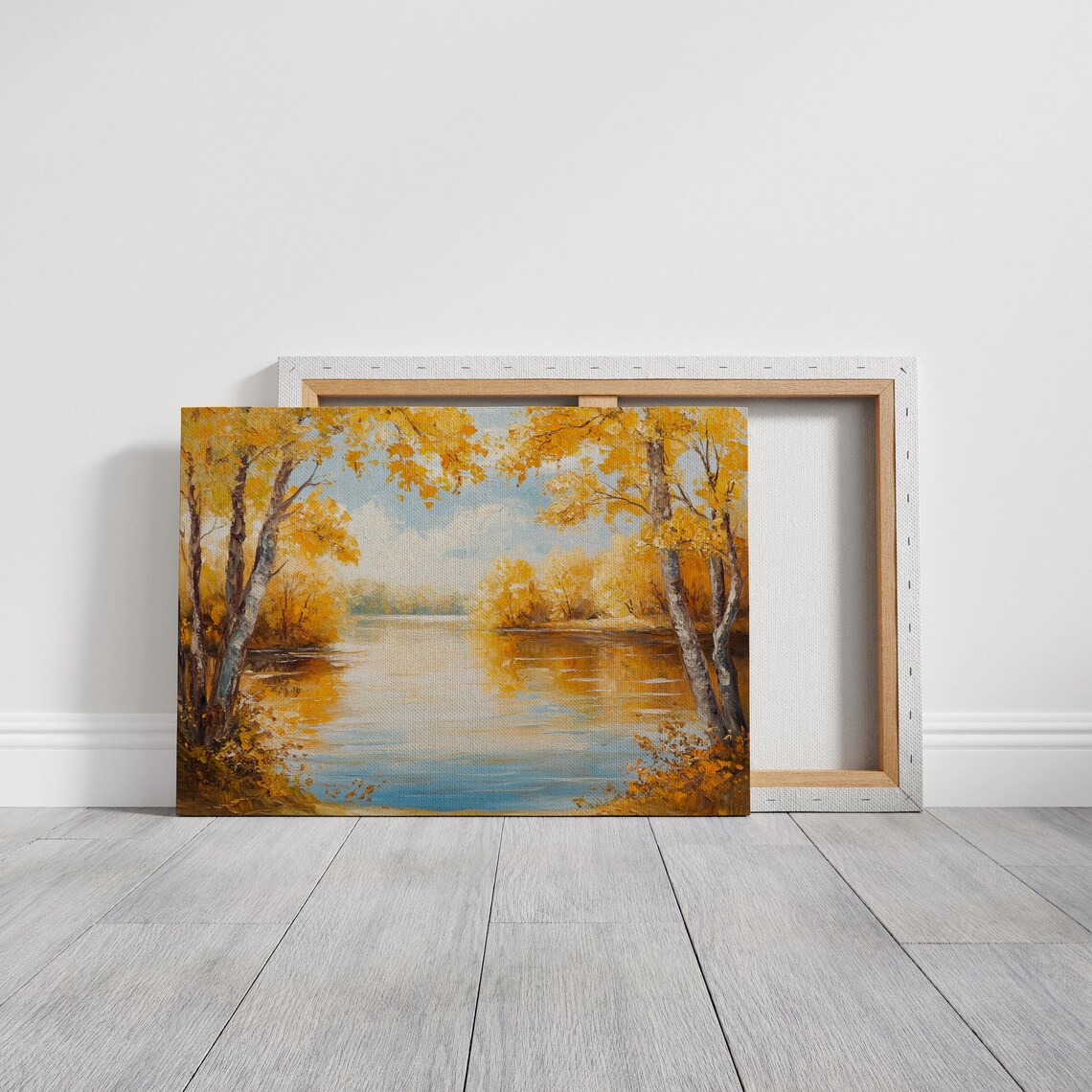 Golden Autumn Lake with Birch Trees and Reflective Waters Nature Poster - Image 3