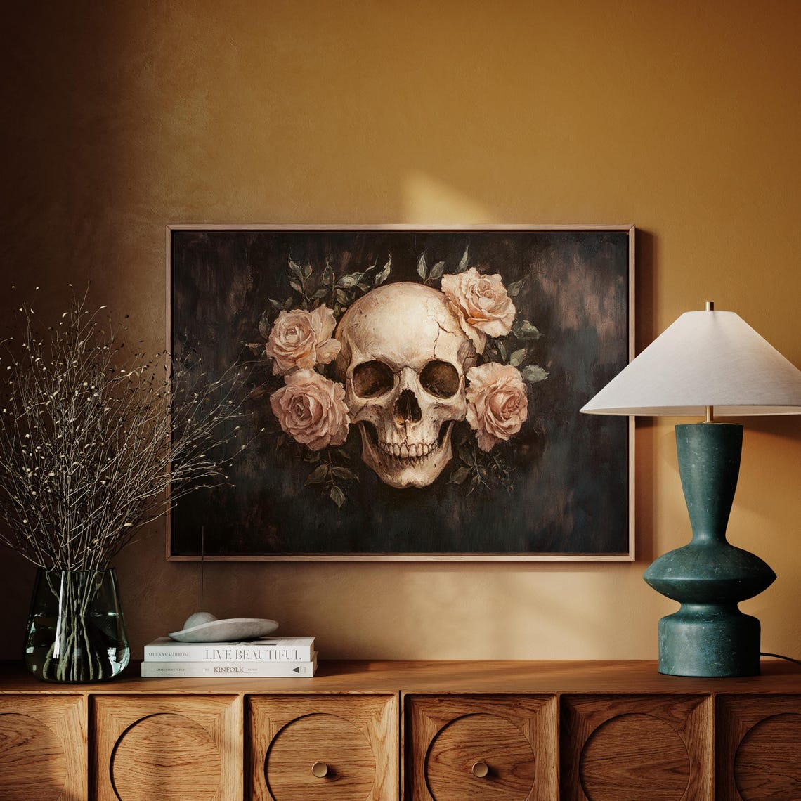 Human Skull With Roses On Dark Background Gothic Floral Oil Poster - Image 7