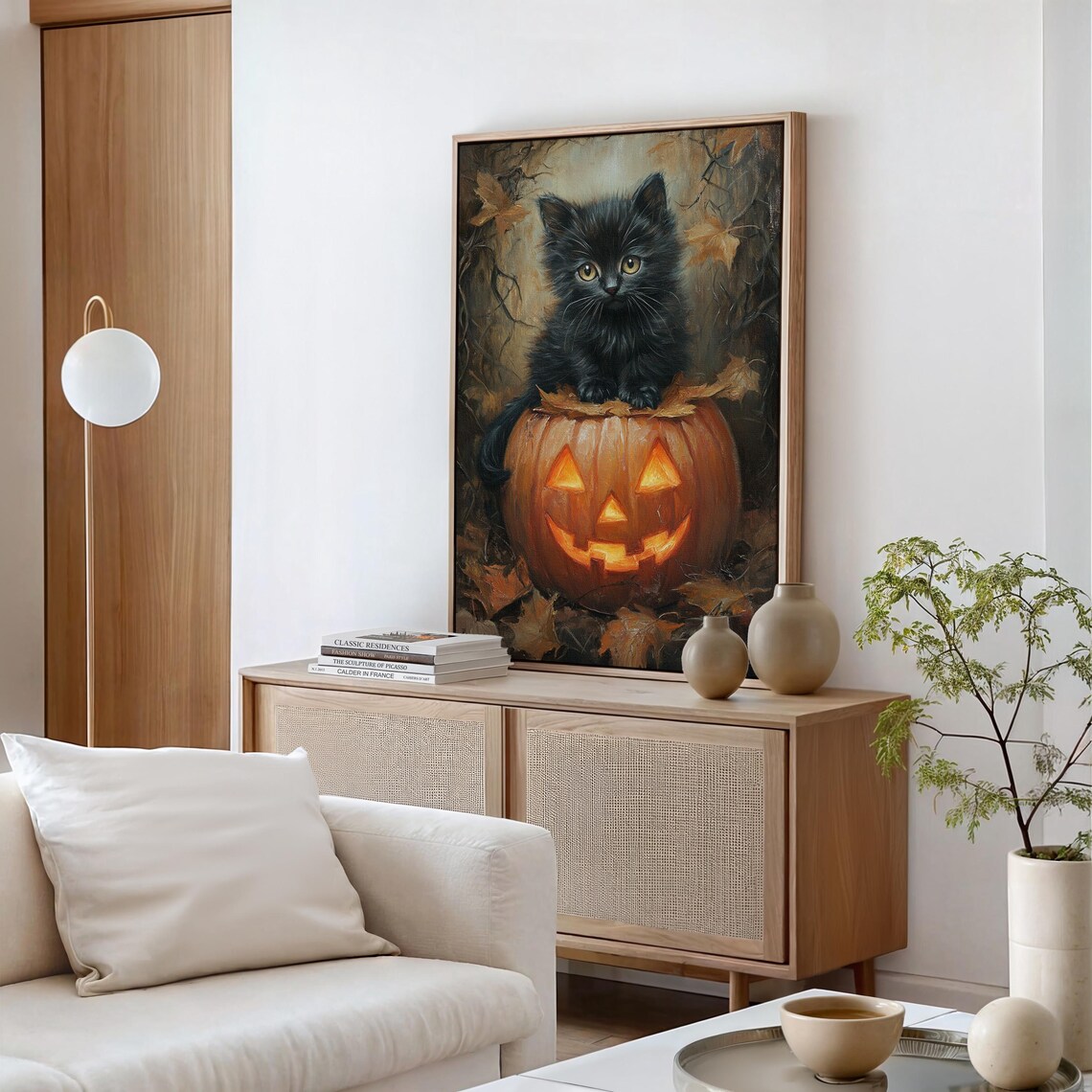 Black Kitten On Glowing Jack O Lantern Cute Halloween Art Poster - Image 5