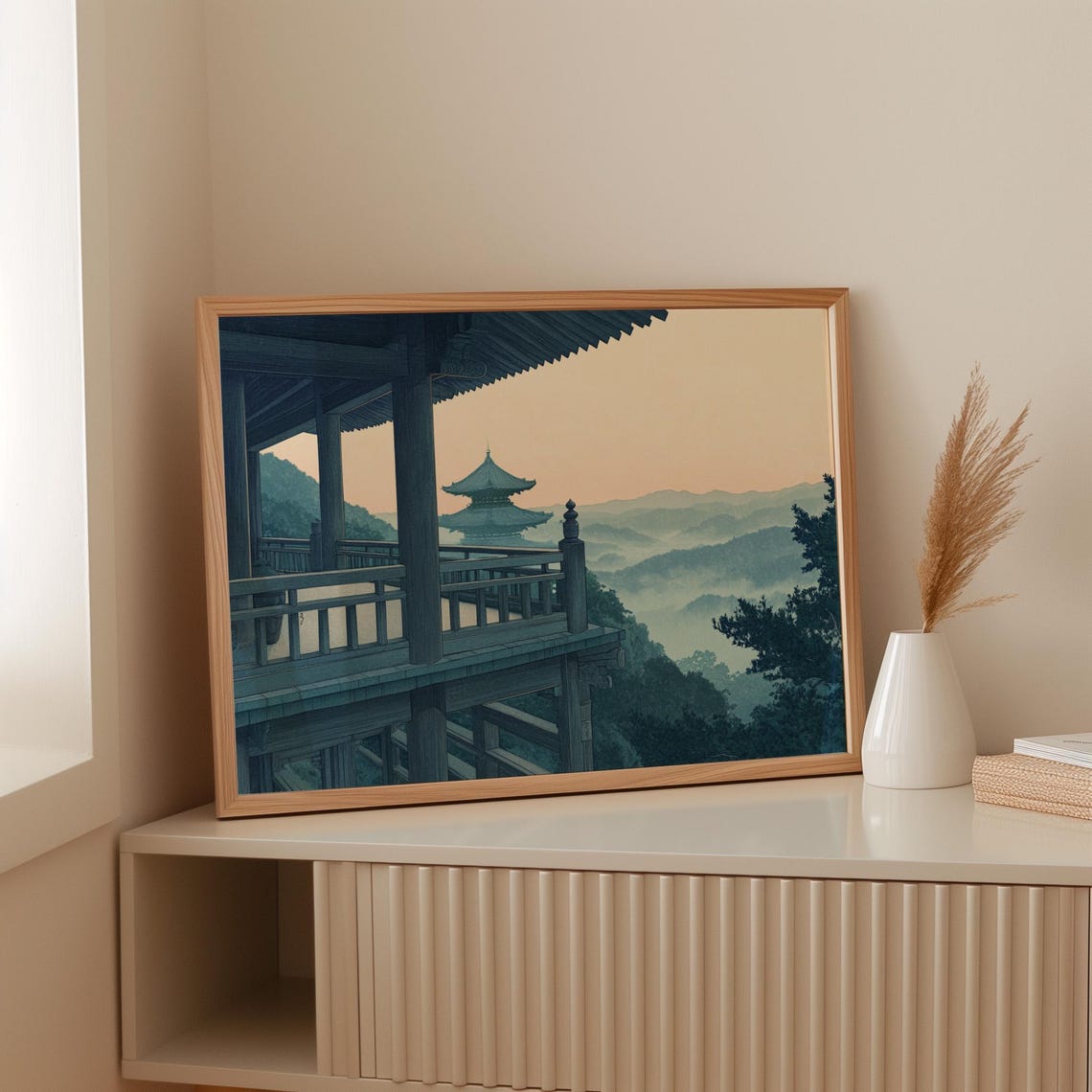 Japanese Temple Terrace Overlooking Misty Mountains Dawn Poster