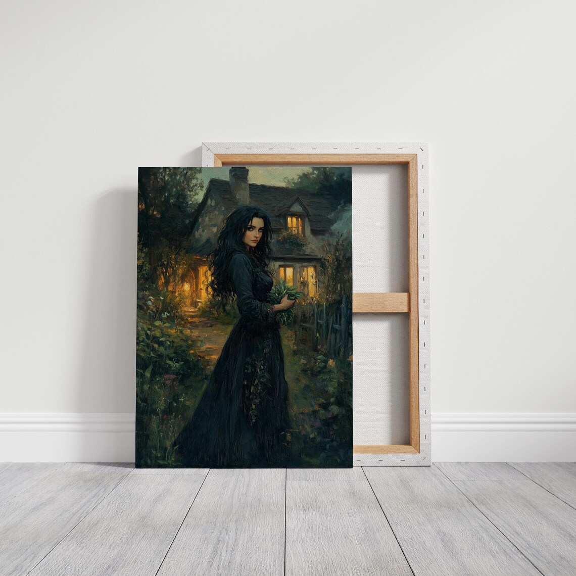 Elegant Woman in Black Gown Outside a Lit Cottage at Night Poster - Image 4