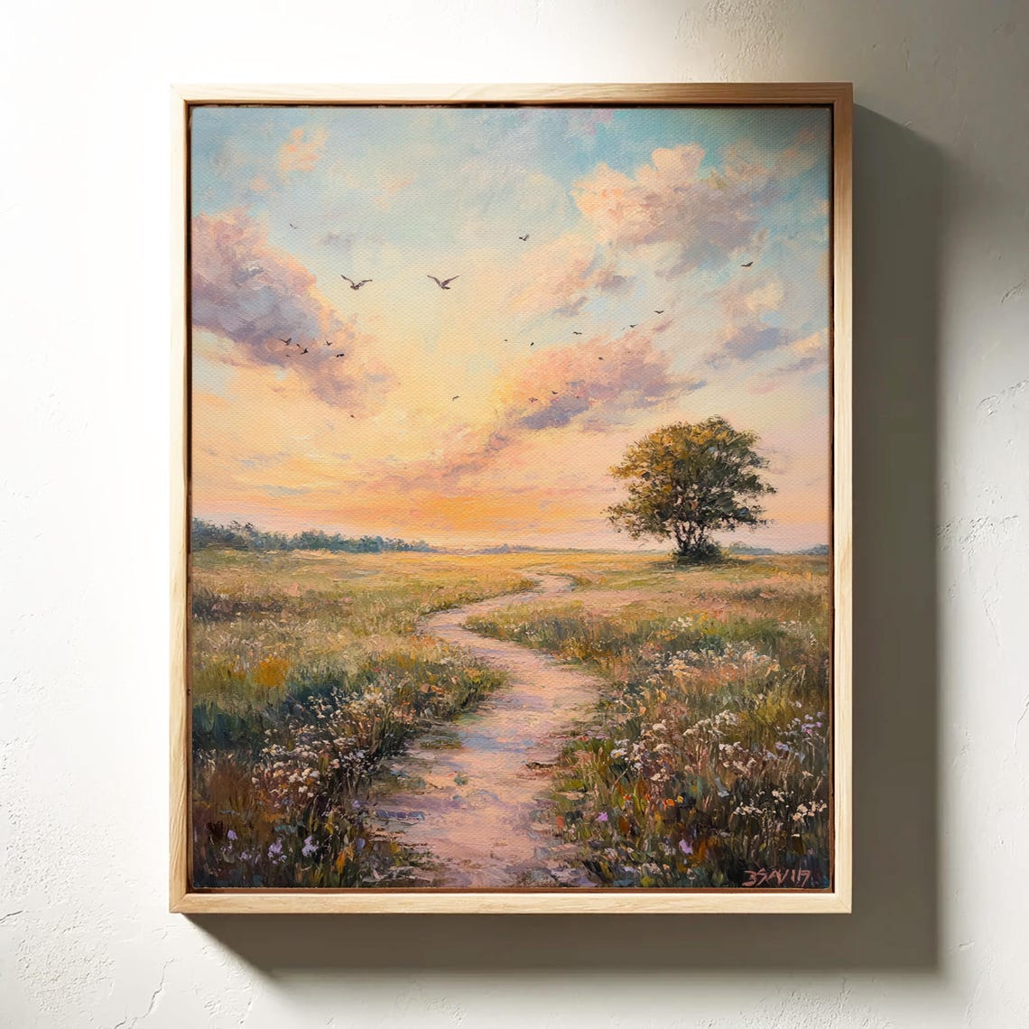 Serene Meadow Path At Sunset Vibrant Sky Birds Peaceful Art Poster - Image 7
