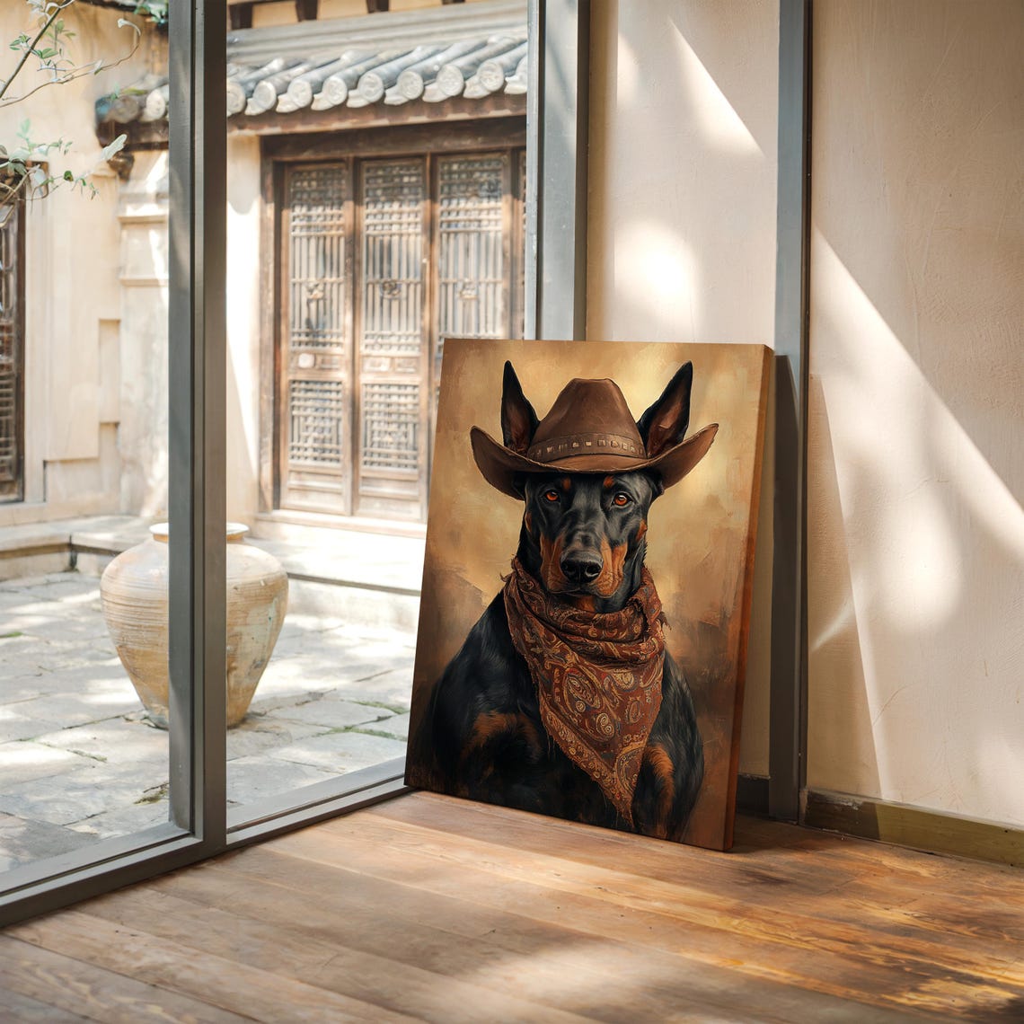 Sleek Doberman Cowboy Hat Bandana Western Dog Portrait Poster - Image 3