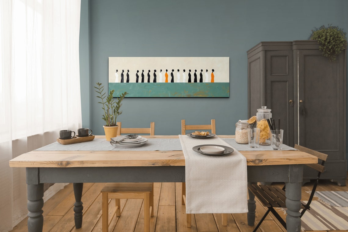 Minimalist Row of Silhouette People on Green Stripe Modern Art Poster - Image 7