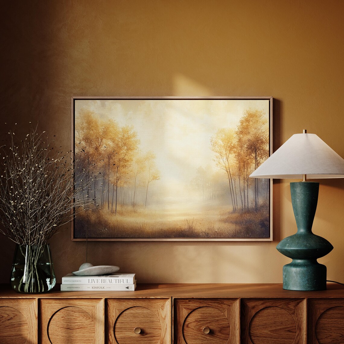 Golden Autumn Trees In Mist Morning Light Forest Landscape Painting Poster - Image 6
