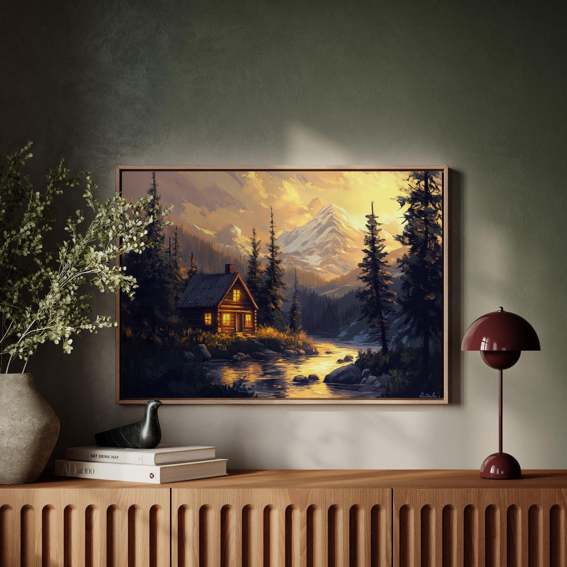 Rustic Cabin Sunset Mountain Lake Cozy Log Warm Glow Wilderness Poster