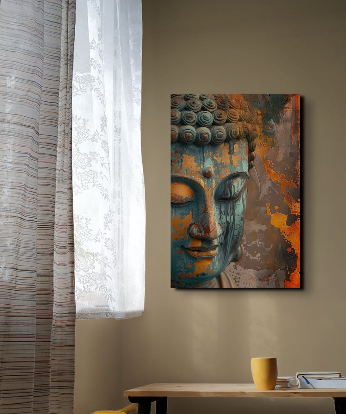 Serene Buddha Face in Teal and Gold Textured Portrait Art Poster - Image 6