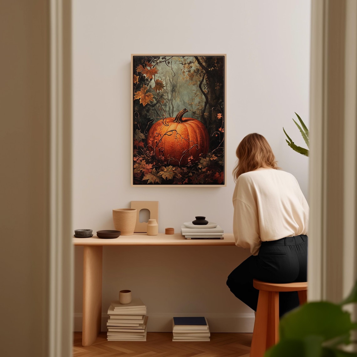 Rustic Autumn Pumpkin Art Print, Fall Leaves Charm - Image 2