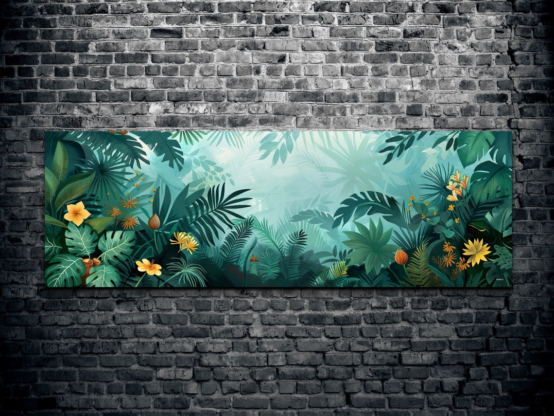 Teal Tropical Leaves With Golden Flowers Botanical Art Poster - Image 2