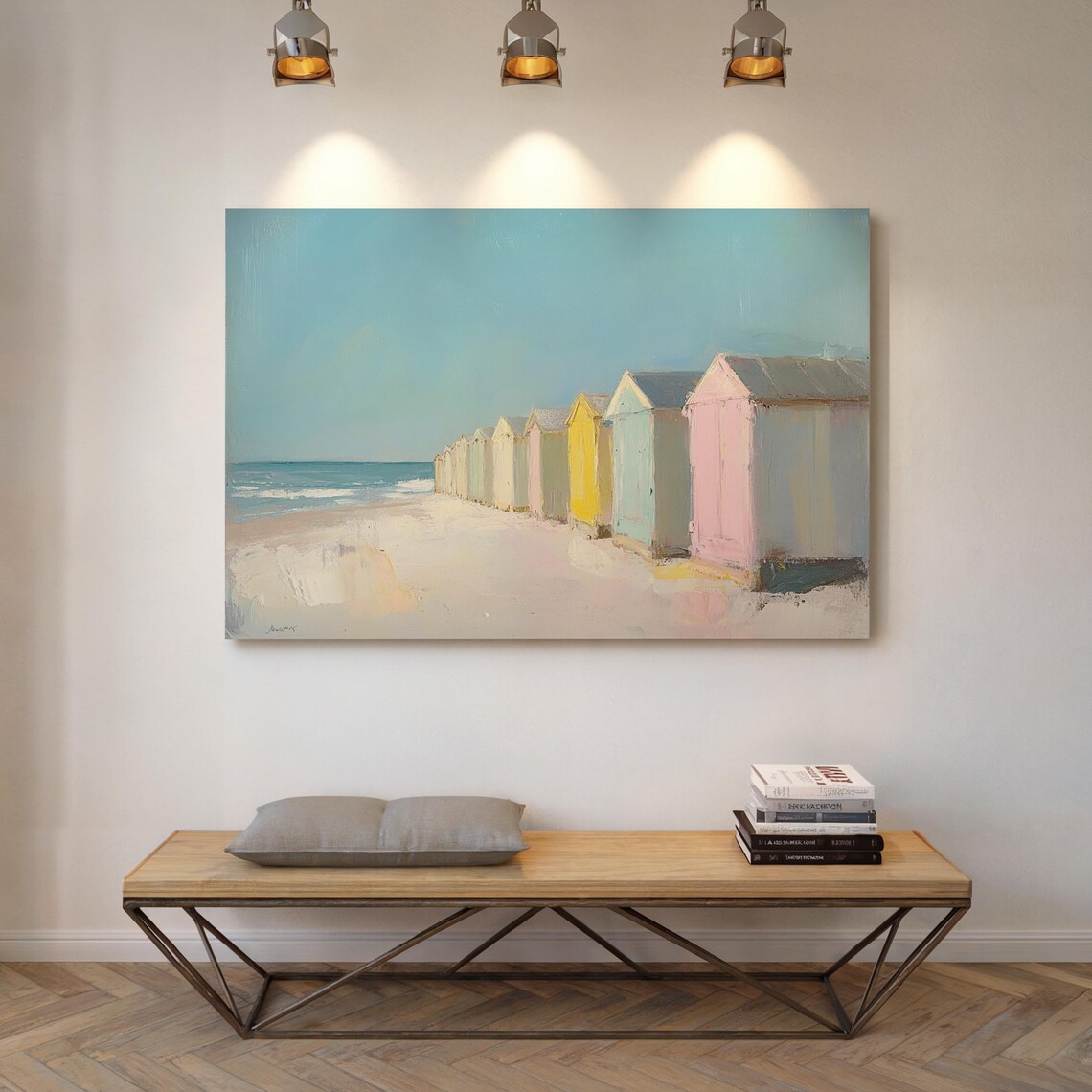 Coastal Beach Huts Art Print, Pastel Summer Seaside Scene - Image 6