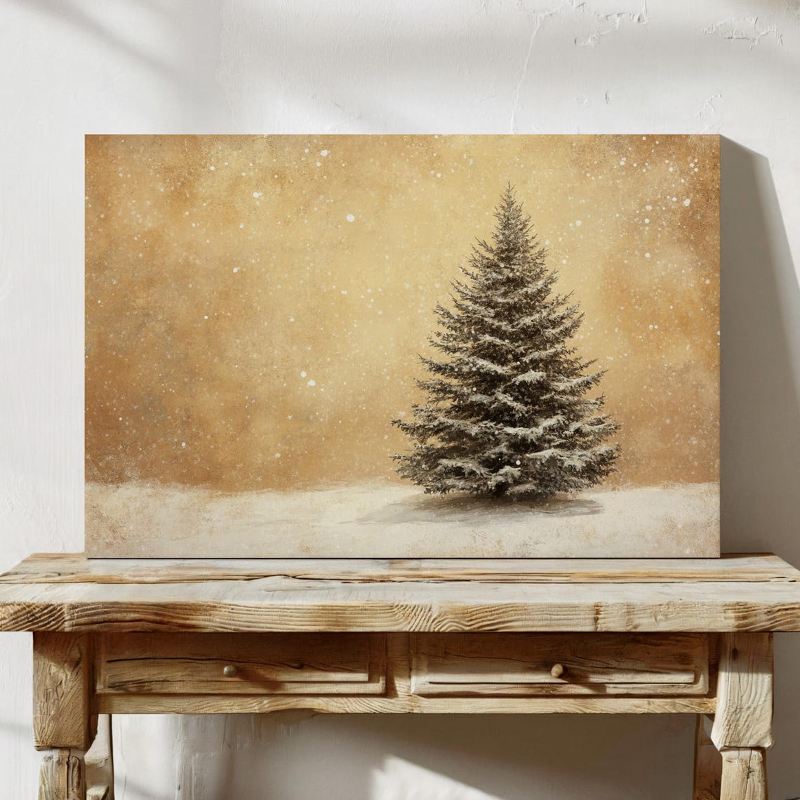 Snowy Pine Tree in Golden Snowfall Winter Christmas Wall Poster - Image 3