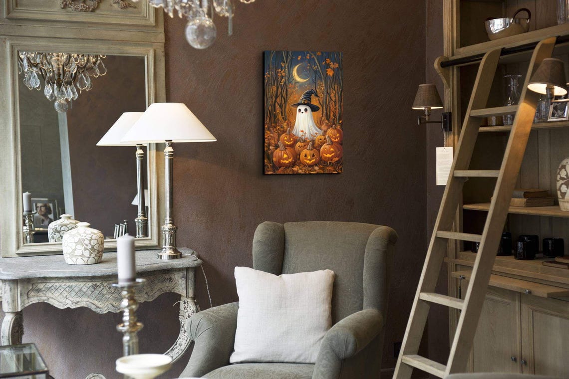 Cute Ghost in a Witch Hat Surrounded by Glowing Jack O Lanterns Poster - Image 5