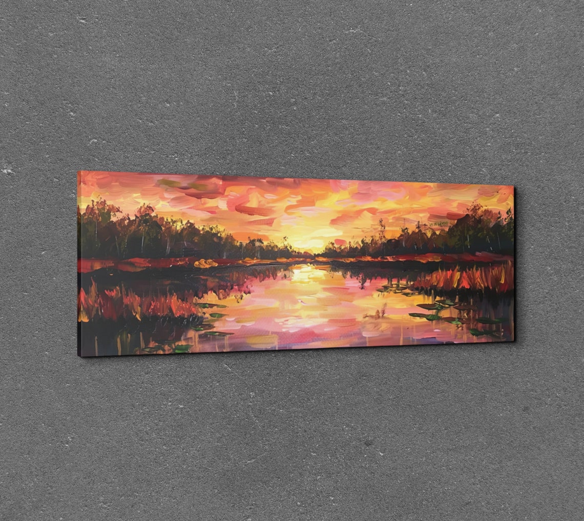 Impressionistic Sunset Over a Pink and Gold Wetland Marsh Poster - Image 3