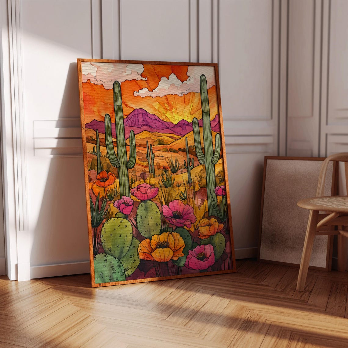 Southwest Desert Sunset Saguaro Cactus Wildflower Scene Art Poster