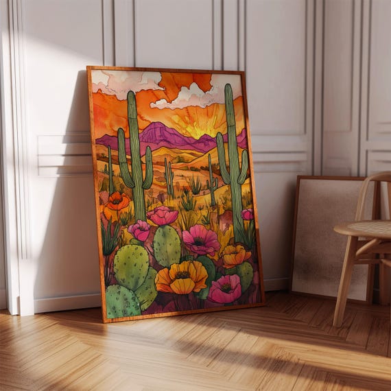 Southwest Desert Sunset Canvas Wall Art Cactus And Wildflowers Illustration In Bold Orange Pink