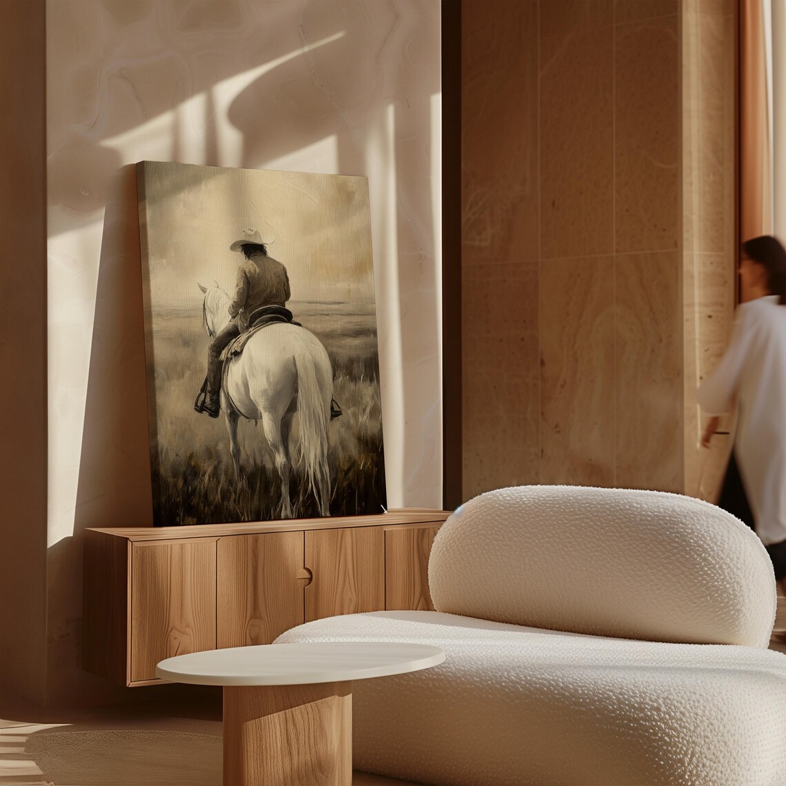 Cowboy Riding White Horse Sepia Tone Western Landscape Poster - Image 4