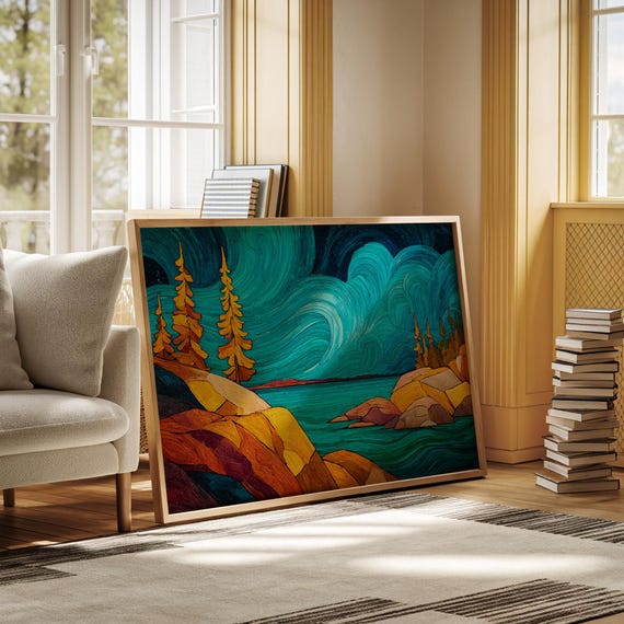 Lake Landscape Canvas Art Swirling Sky Over Rocky Shoreline Vibrant Blue And Gold Nature Scene Modern Outdoor Wall Decor Print