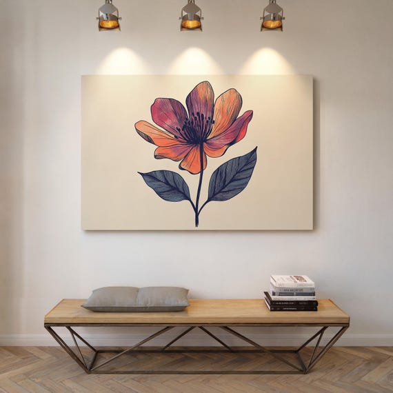 Vibrant Orange Flower Art Modern Botanical Line Drawing Canvas