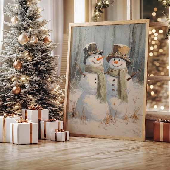 Happy Snowman Couple in a Falling Snow Forest Winter Art Poster