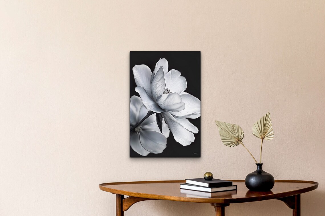 White Flowers Black Background Art Print - Image 3