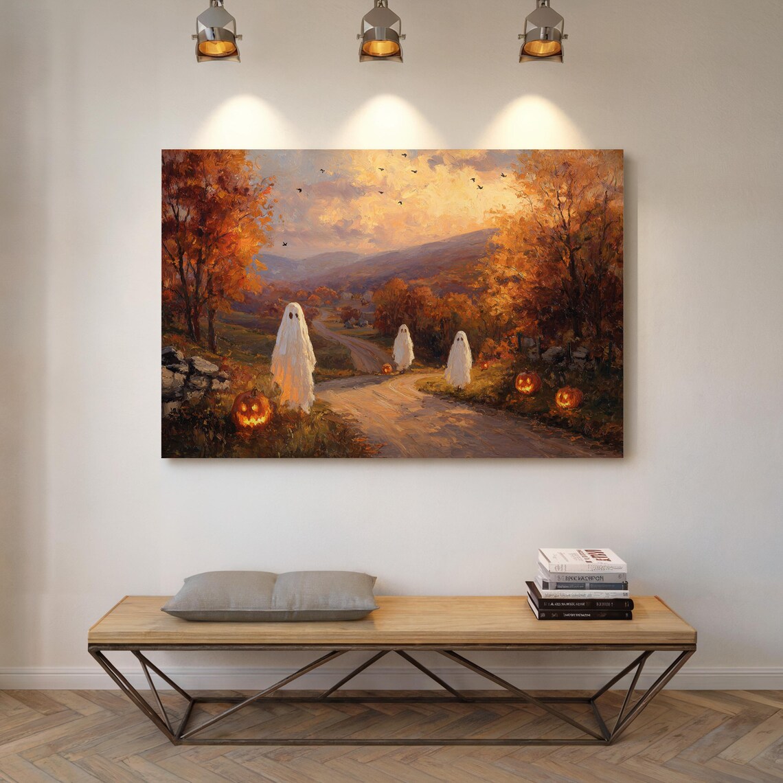 Ghosts On Autumn Road At Sunset Warm Harvest Halloween Poster