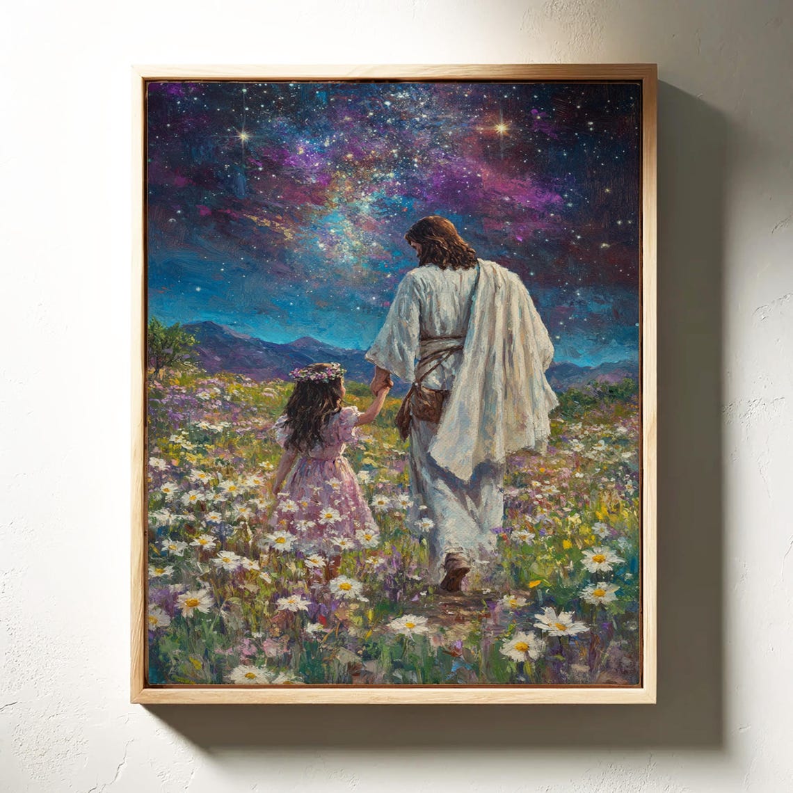 Jesus Holding Child's Hand Under Starry Night Sky Christian Poster - Image 3