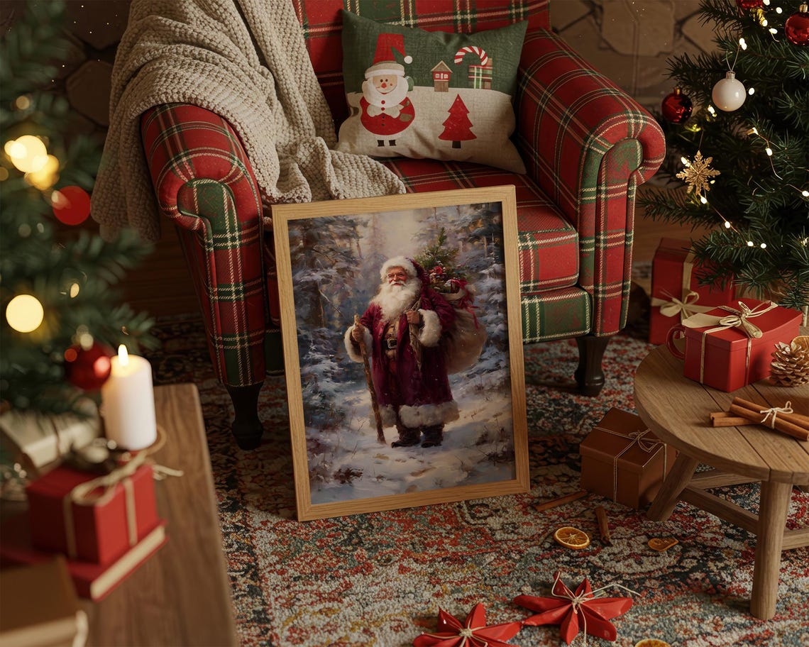 Santa Claus in Burgundy Robe Walking Through Snowy Forest Poster