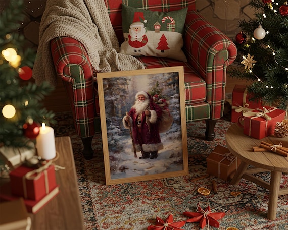 Santa Claus in Burgundy Robe Walking Through Snowy Forest Poster
