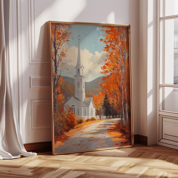 White Country Church In Autumn Poster Fall Foliage Chapel Rustic Wall Decor