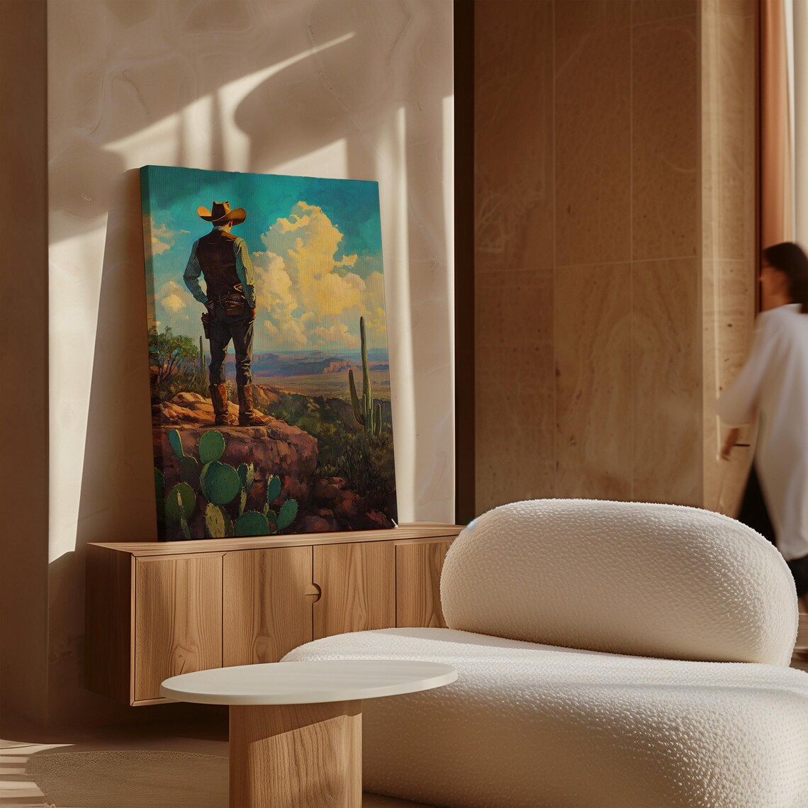Cowboy Overlooking Desert Valley at Sunset Western Painting Poster - Image 5