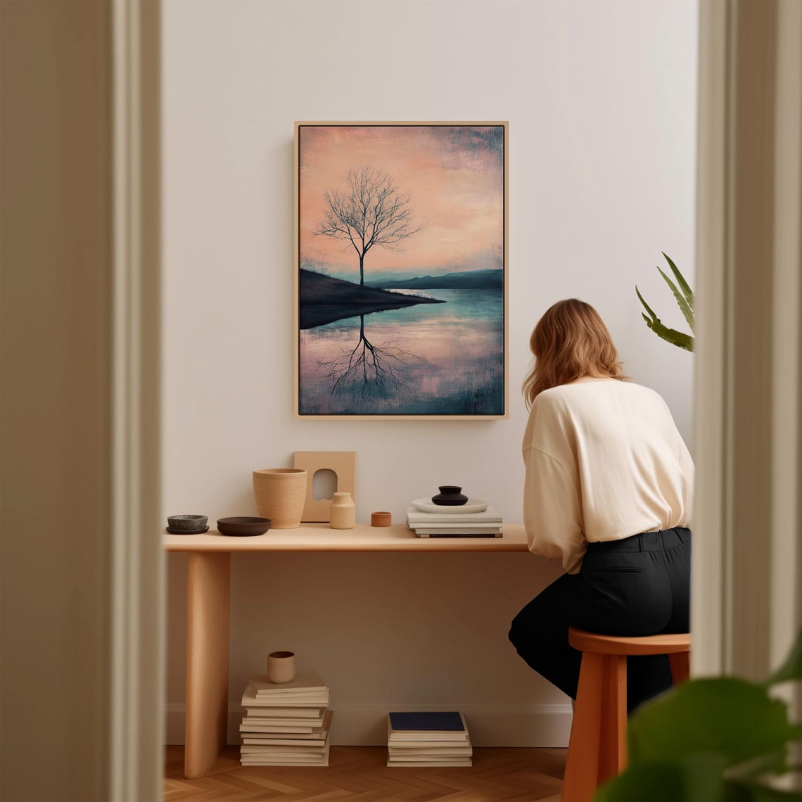 Bare Tree Silhouette Lake Reflection Peach Sky Tranquil Poster - Image 2