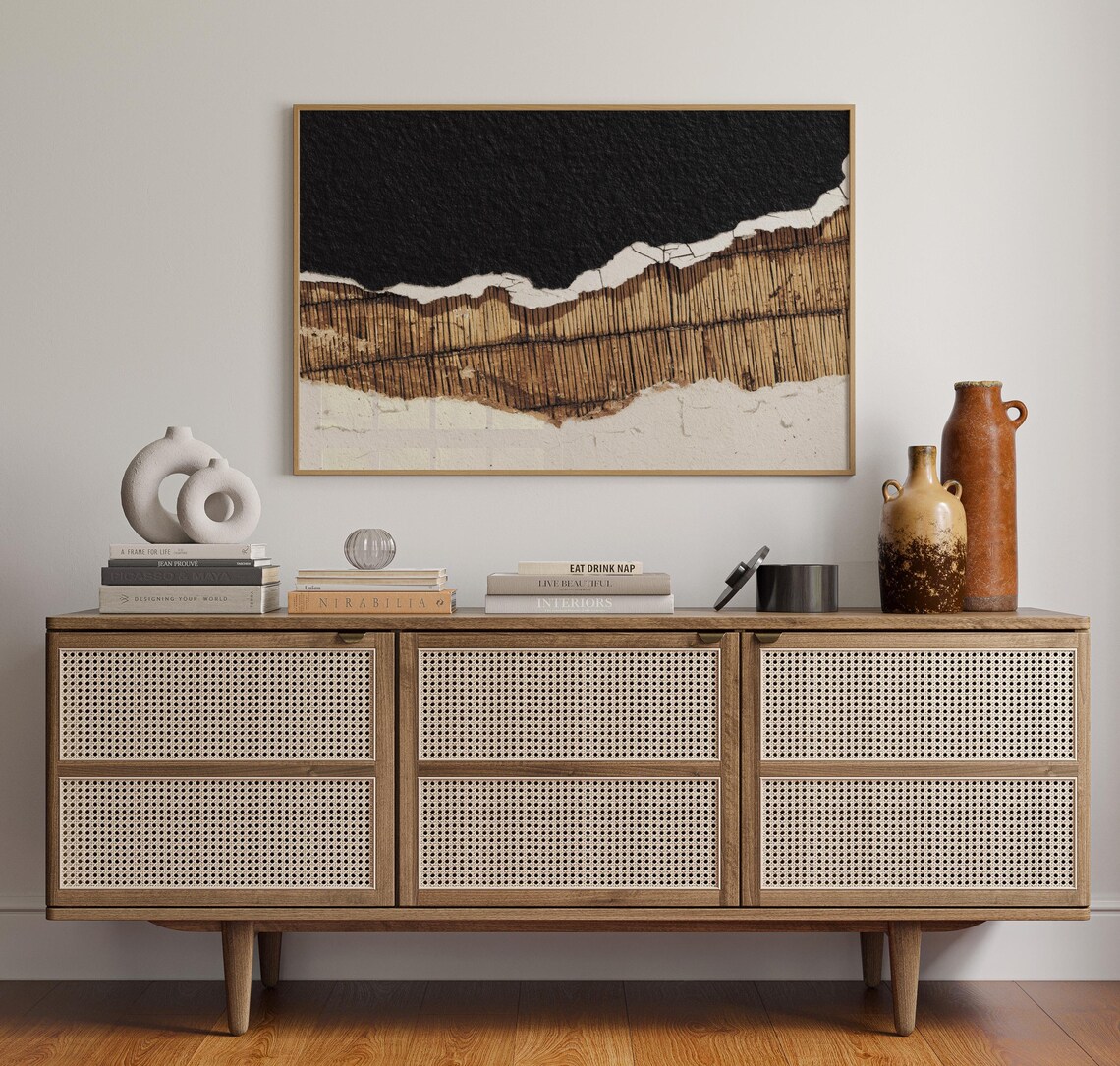 Abstract Torn Paper Collage Black Brown Neutral Modern Minimalist Art Print