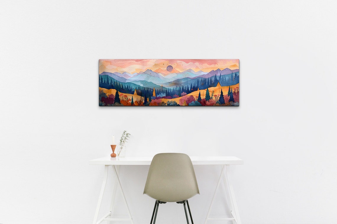 Moonlit Mountain Watercolor Layered Pines Warm Sunset Sky Wall Art - Image 7