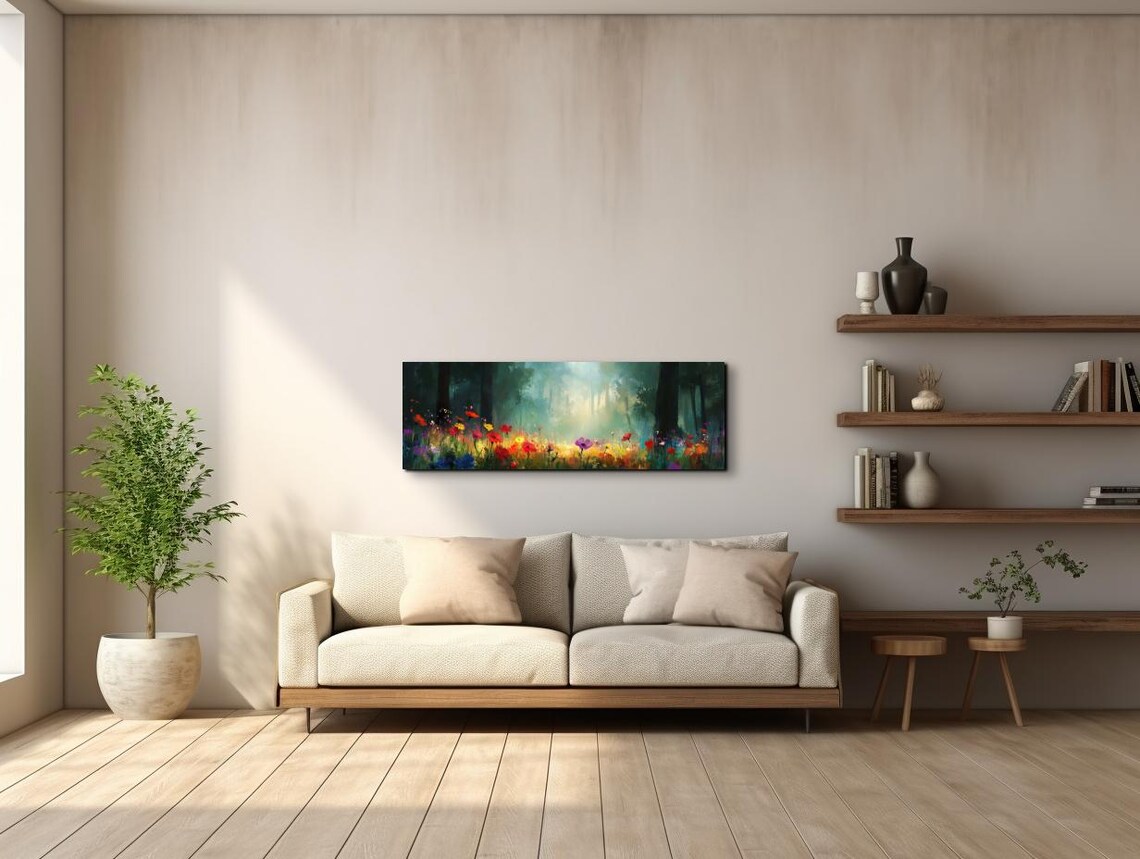 Misty Forest Wild Flower Landscape, Tranquil Art - Image 3