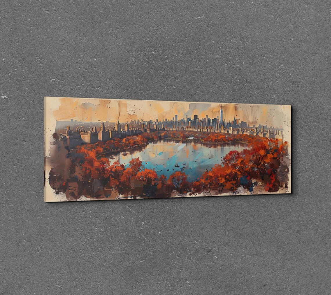 Central Park Lake Autumn Watercolor Skyline Panorama Wall Art - Image 4