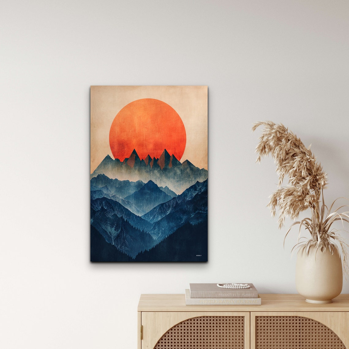 Mid Century Modern Mountain Layers Orange Sun Landscape Wall Art - Image 4