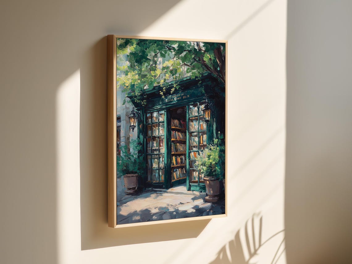 Cozy Green Bookstore Storefront With Lanterns And Plants Art Poster - Image 3