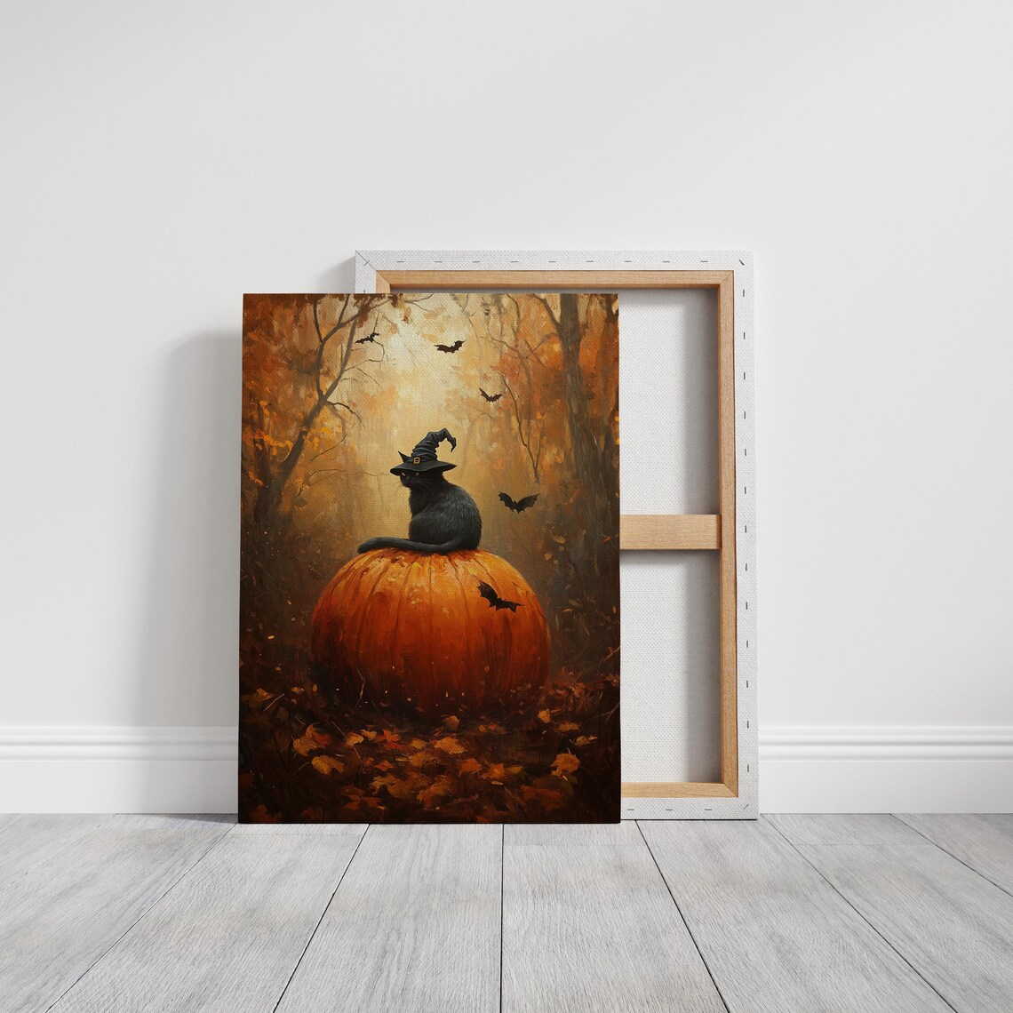 Black Cat Witch Hat On Pumpkin Autumn Forest Bats Spooky Halloween Poster - Image 2