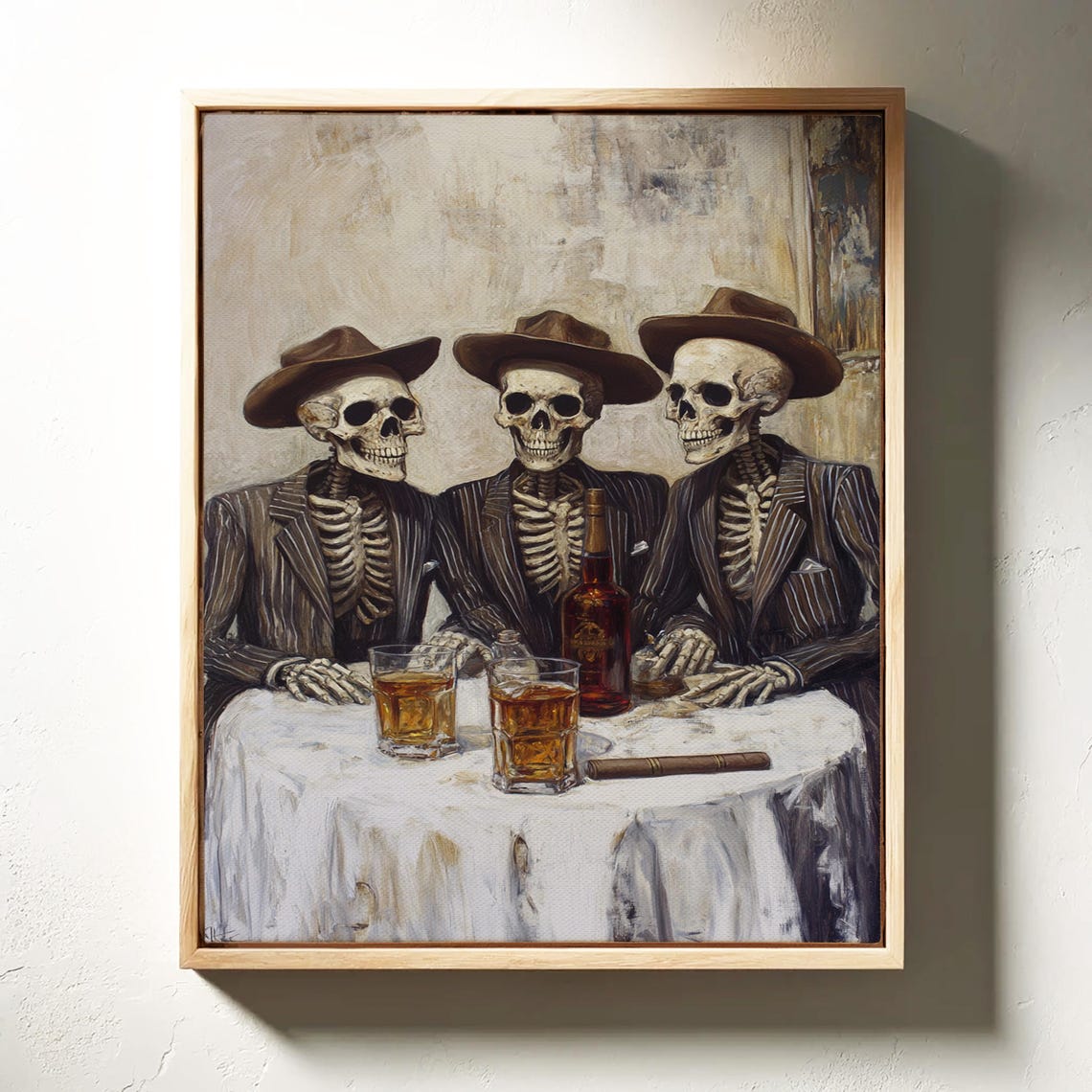 Three Skeletons In Suits Drinking Whiskey Vintage Spooky Poster - Image 3