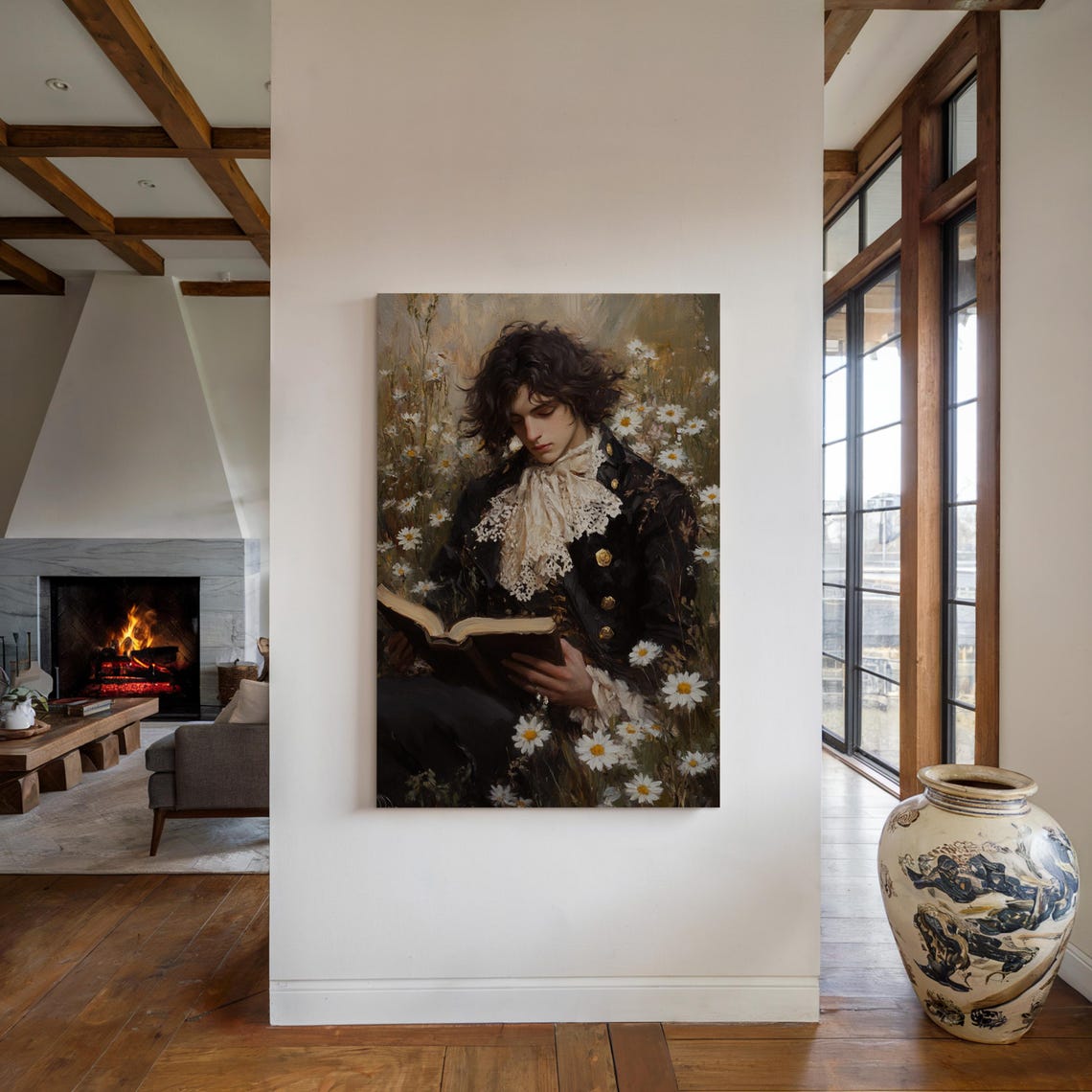 Romantic Young Man Reading Book Among White Daisies Meadow Poster - Image 5