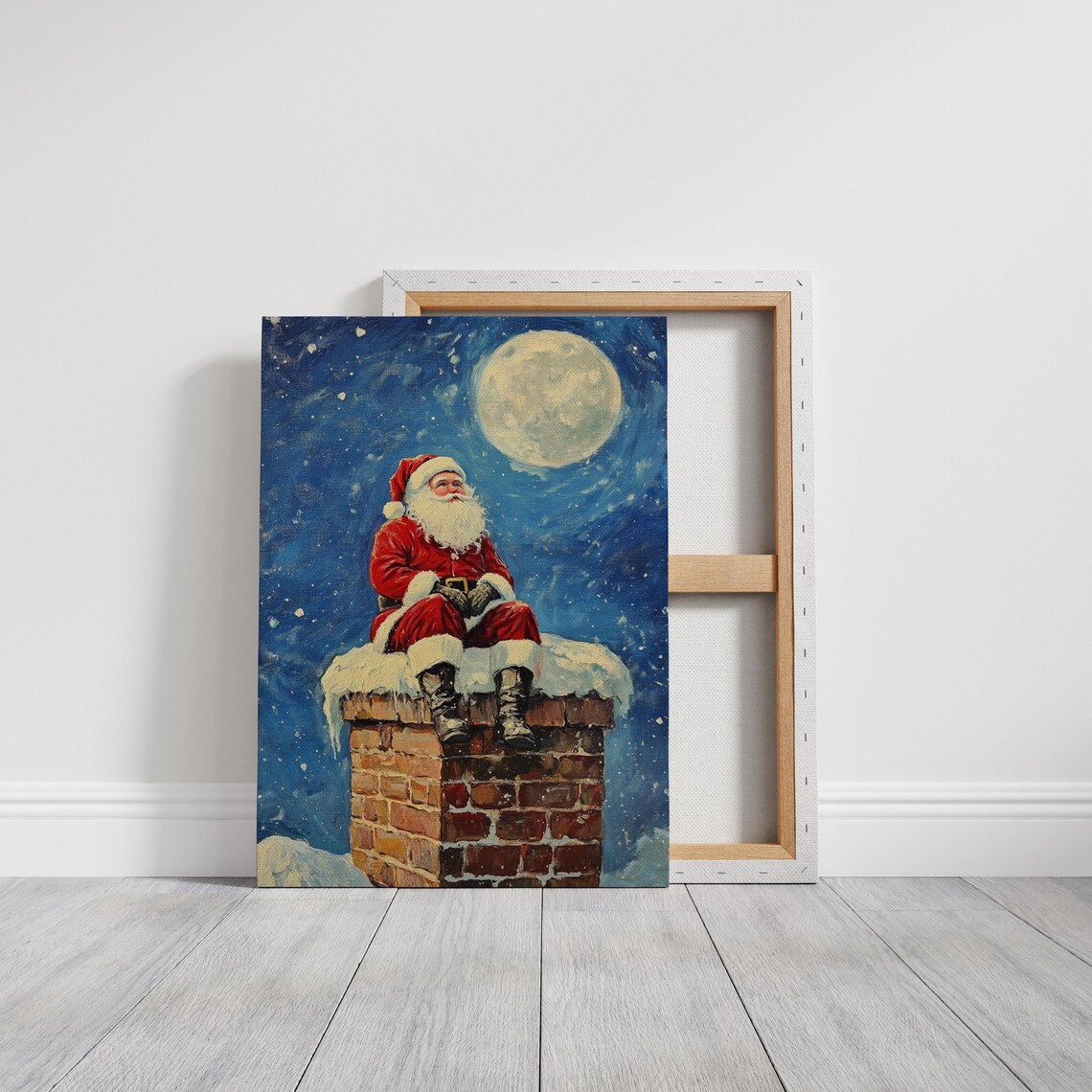 Santa Claus Sitting on a Snowy Chimney Under a Full Moon Christmas Poster - Image 3