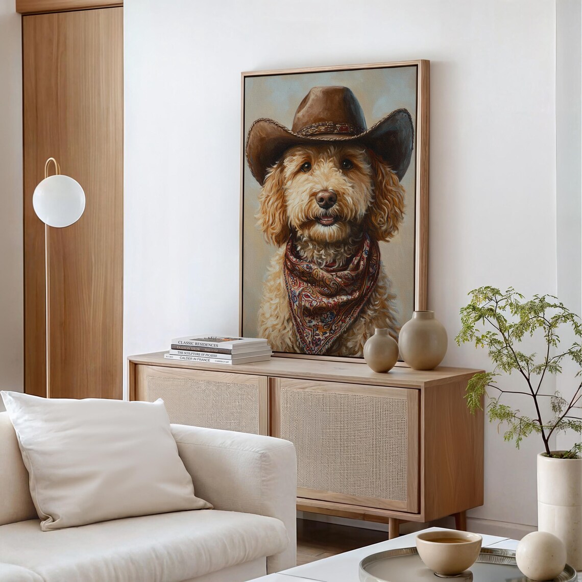 Goldendoodle Dog in Cowboy Hat and Paisley Bandana Portrait Poster - Image 2