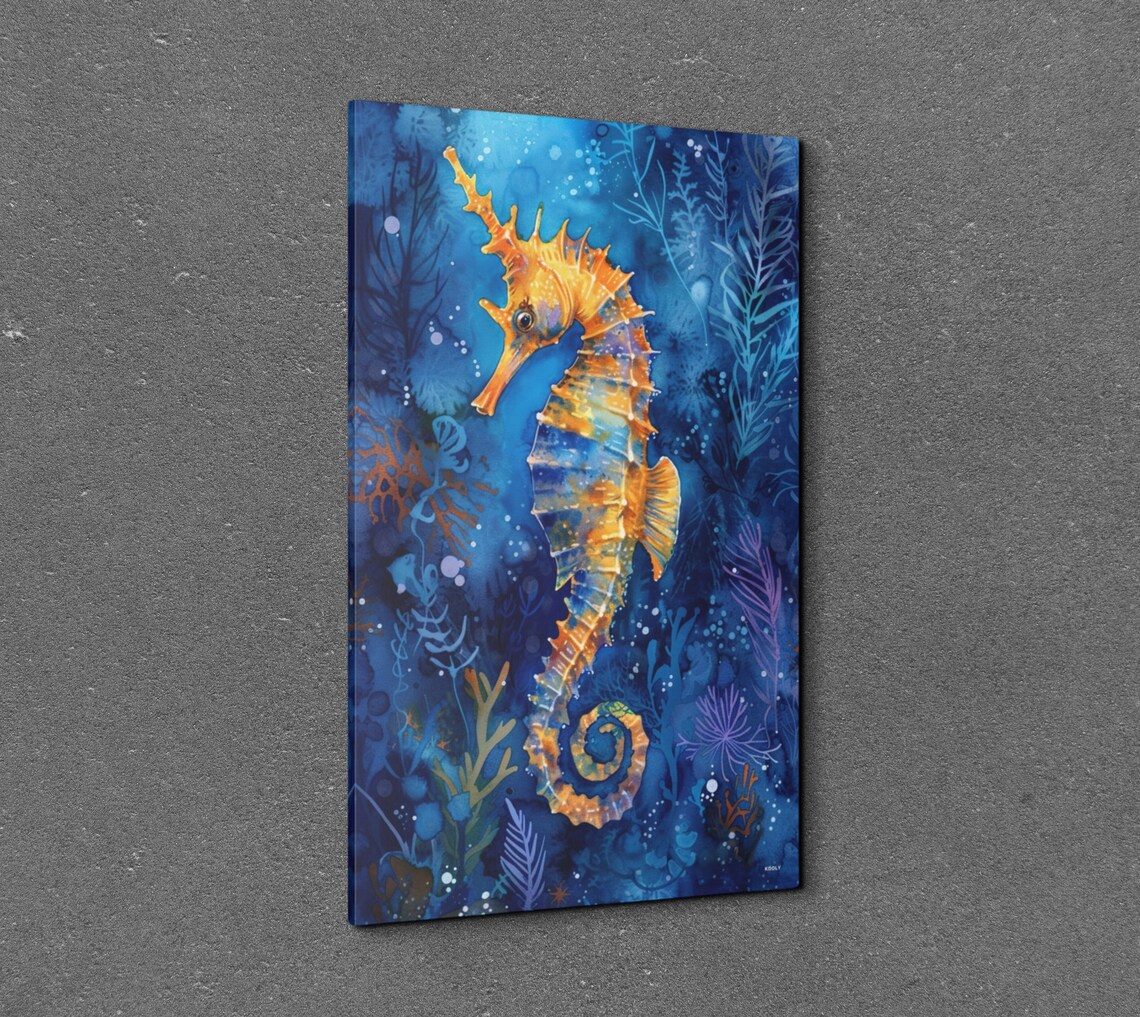 Golden Seahorse In Blue Coral Reef Underwater Ocean Art Poster - Image 3