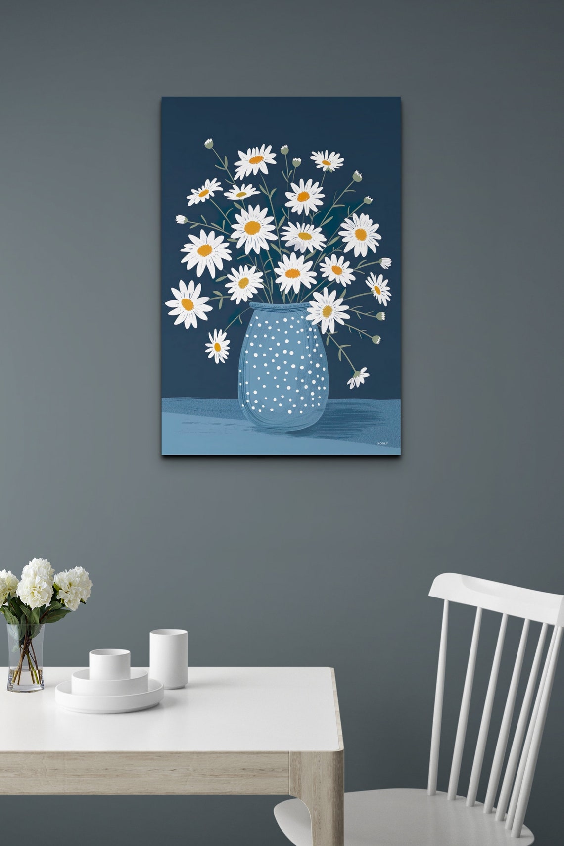 White Daisies In Blue Polka Dot Vase On Navy Background Poster - Image 6