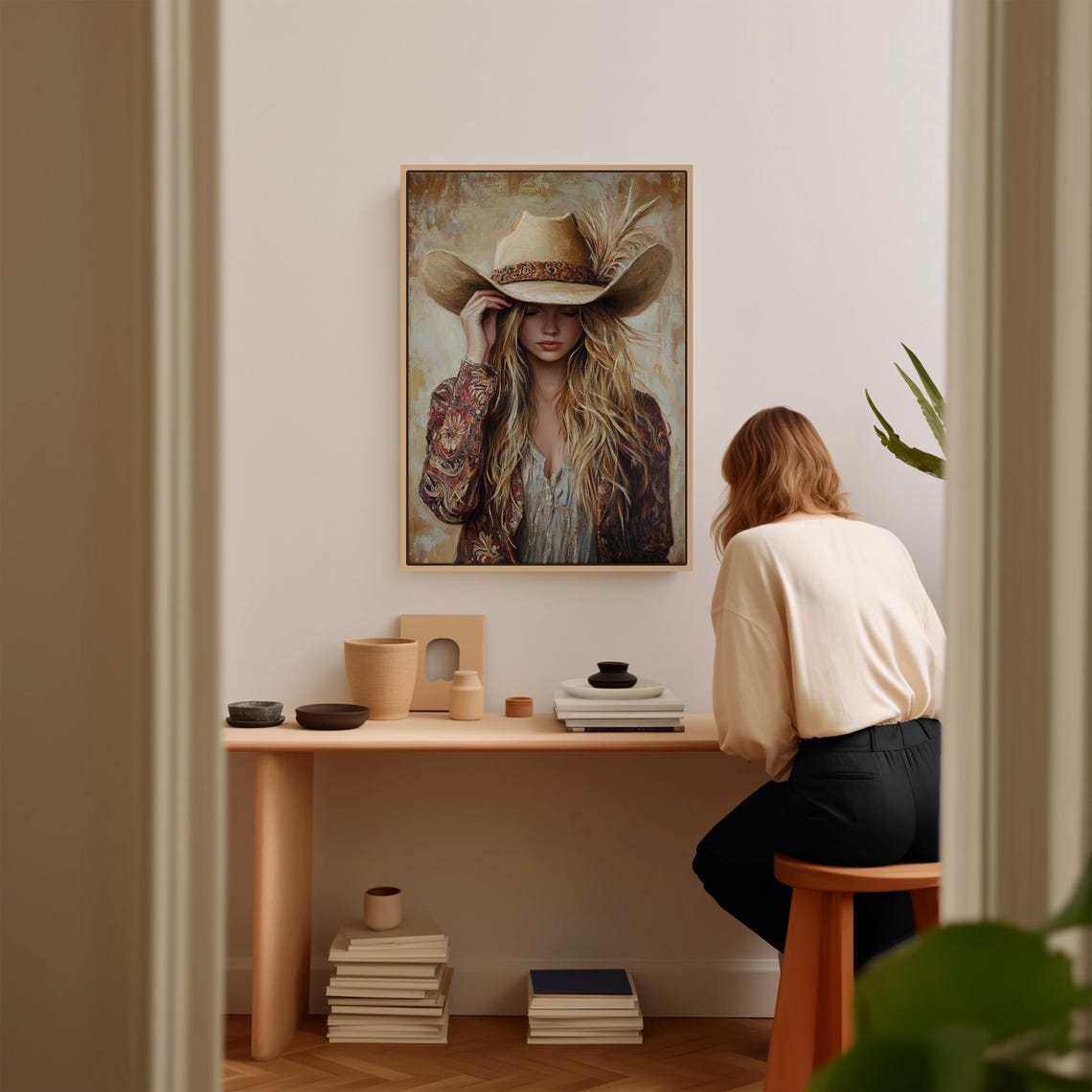 Western Cowgirl Tipping Her Feathered Hat Rustic Portrait Poster - Image 2