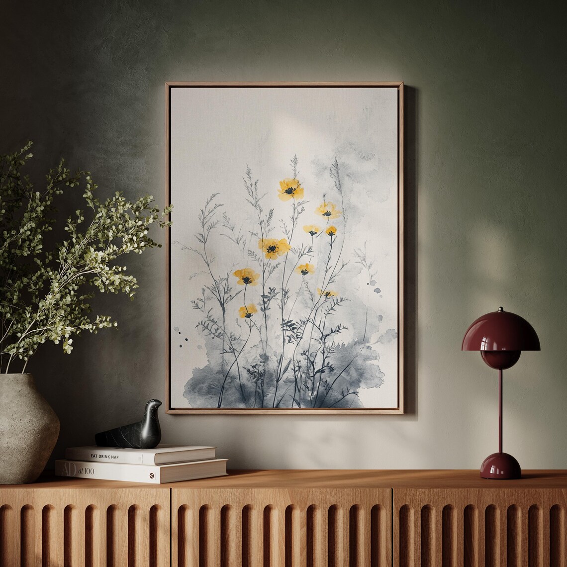 Yellow Wildflowers Watercolor Blue Foliage Botanical Minimal Poster
